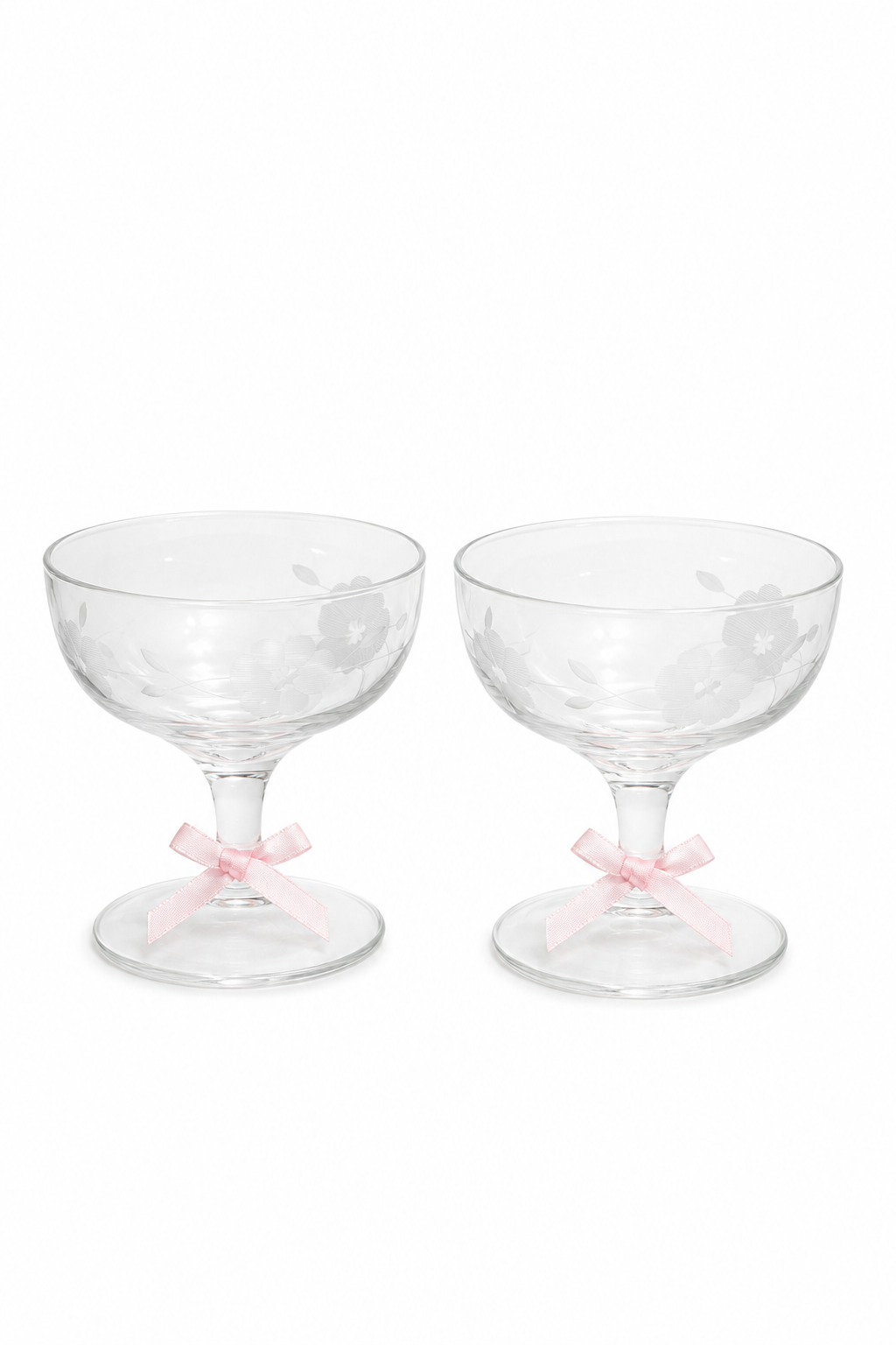 Vintage Etched Floral Cocktail Glasses | Set of 2 Clear Stemmed Coupe Glasses | Elegant Barware