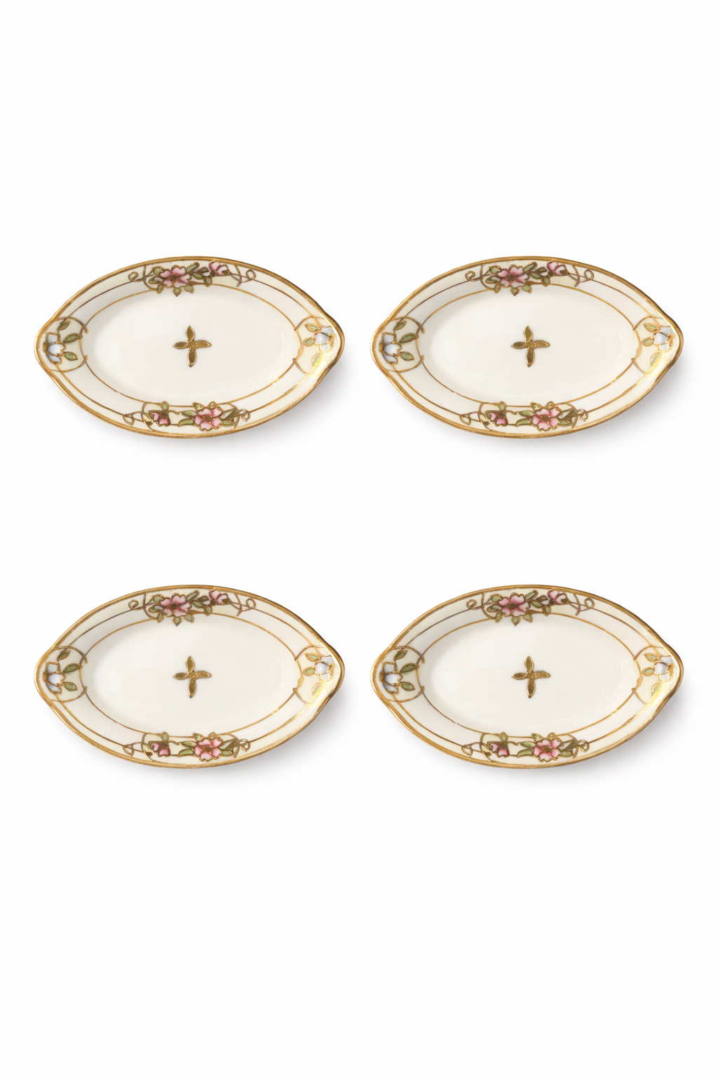 Antique 1900s Nippon Hand-Painted Salt Cellars – Set of 4 | Floral Gold Gilt Porcelain Dishes