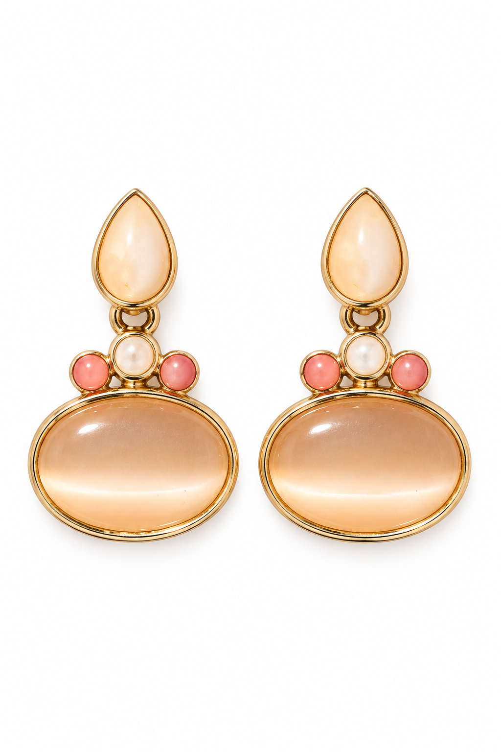 Vintage 1990s Pastel Pink & Cream Cabochon Gold-Tone Dangle Stud Earrings