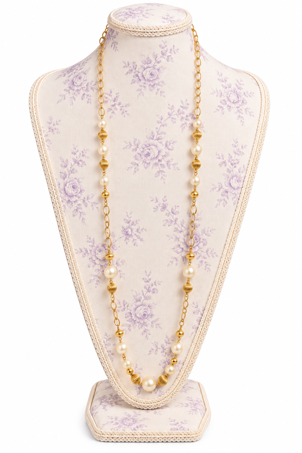 Vintage 1980s–1990s Avon Gold-Tone & Ivory Faux Pearl Long Necklace | Elegant Retro Statement Jewelry