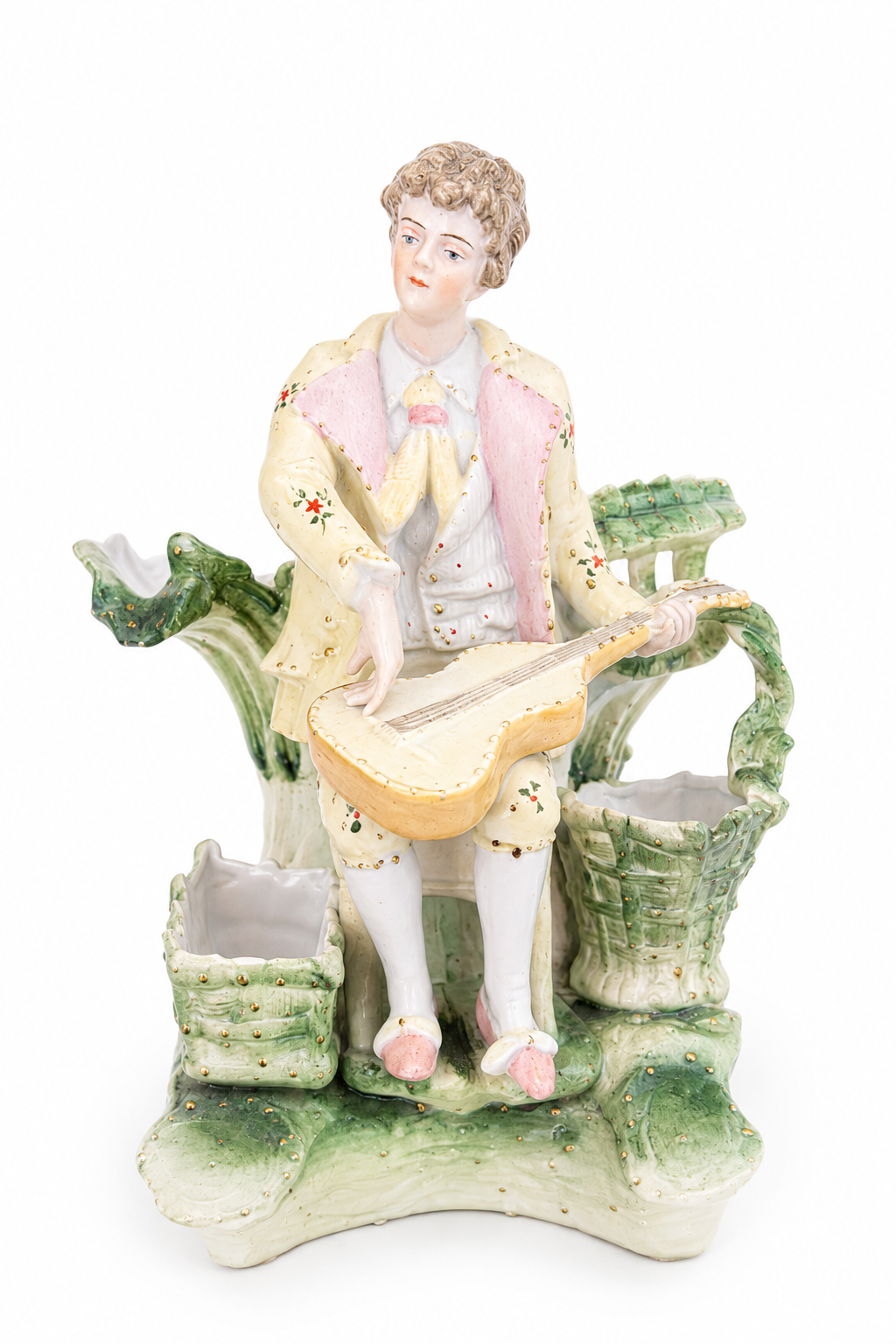 Antique German Bisque Porcelain Rococo Gentleman Planter & Match Holder | Guitar Figurine | Victorian Décor