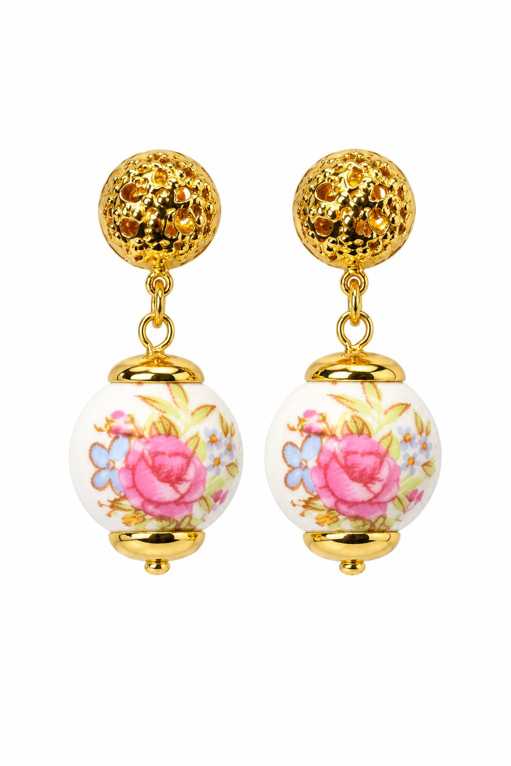 Vintage 1994 Avon Rosemond Porcelain Floral Drop Earrings | Gold-Tone Ball Earrings | Romantic Cottagecore Jewelry