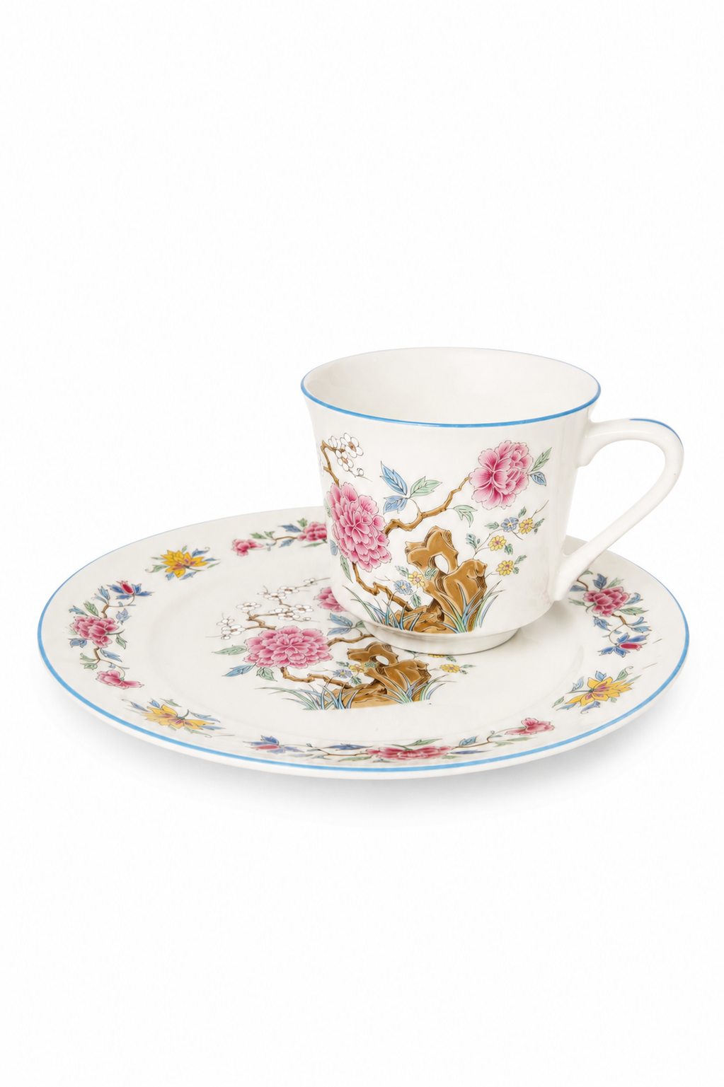 Vintage Floral Snack Set | Porcelain Teacup & Snack Plate Set | Pink Roses & Blue Trim | Tea Party Cottage Decor