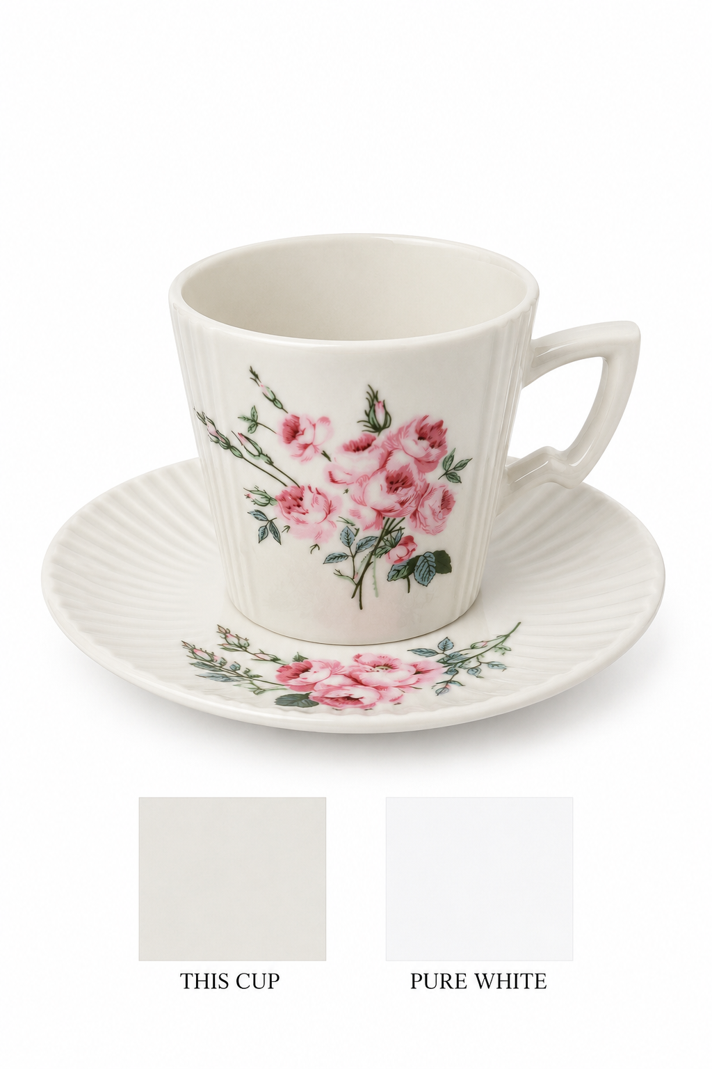 Vintage 1960s–1970s Mitsui Japan Ribbed Porcelain Teacup & Saucer Set | Pink Floral Tea Cup | Cottagecore Tea Party