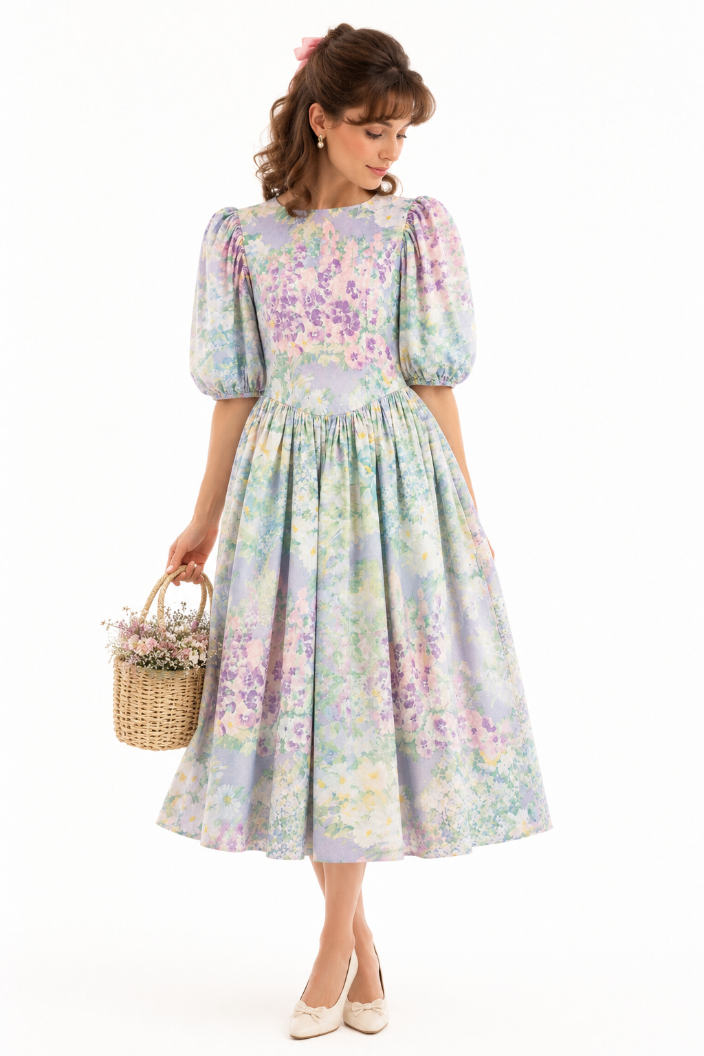 Vintage Handmade Floral Puff Sleeve Midi Dress | Laura Ashley Inspired Cottage Dress | Size Small/Medium