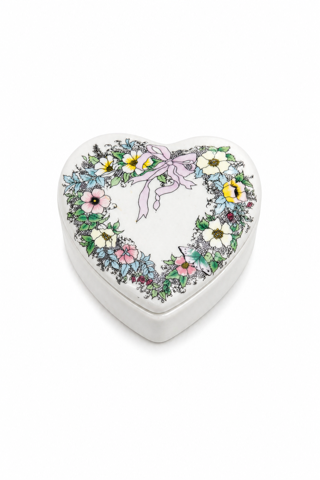 1980s Floral Heart Trinket Box | Vintage Porcelain Jewelry Keepsake Box