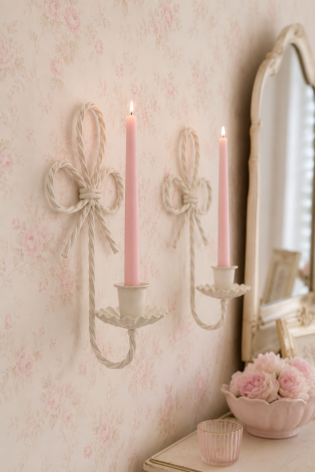 Vintage 1980s White Twisted Metal Wall Candle Sconces | Set of 2 Bow Wall Candle Holders