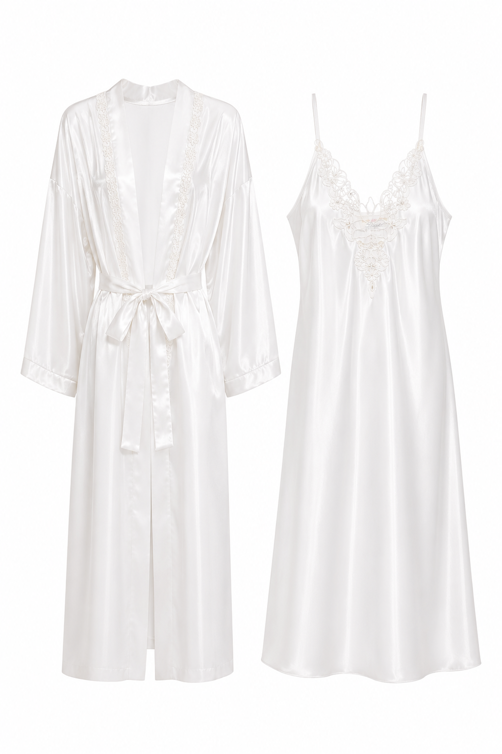 Vintage 1980s Dentelle Ivory Satin Nightgown & Robe Set | Made in USA – Size Medium