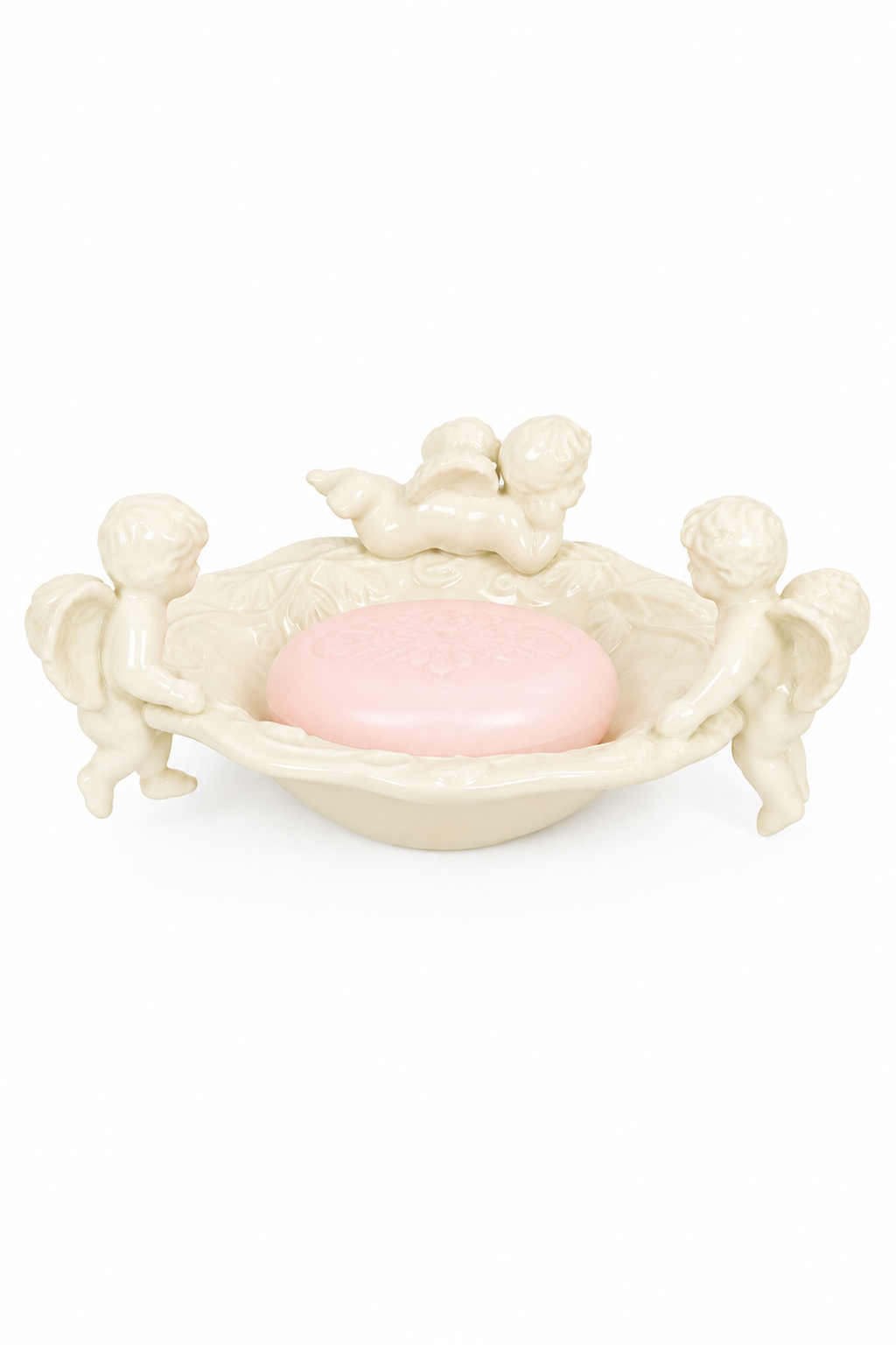 Vintage 1970s Ivory Porcelain Cherub Soap Dish | Angel Trinket Dish | Romantic Vanity Catchall | Cottage Decor
