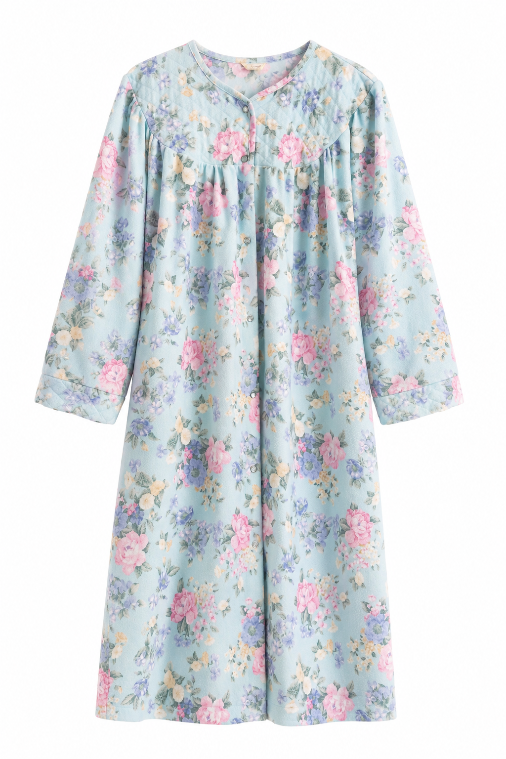 Vintage Carriage Court Floral Housecoat Nightgown – Soft Blue Button-Front Lounger | Cottagecore | Approx. Medium–Large