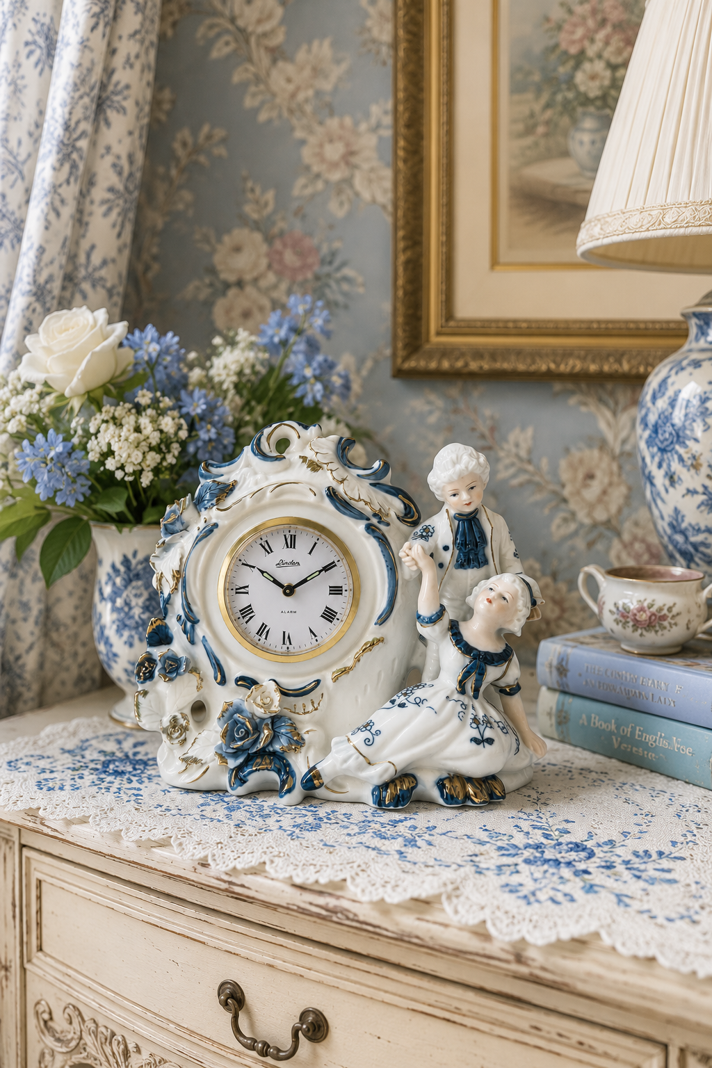 Vintage 1960s–1970s Linden Japan Porcelain Mantel Clock | Rococo Courting Couple Figurine | Display Decor