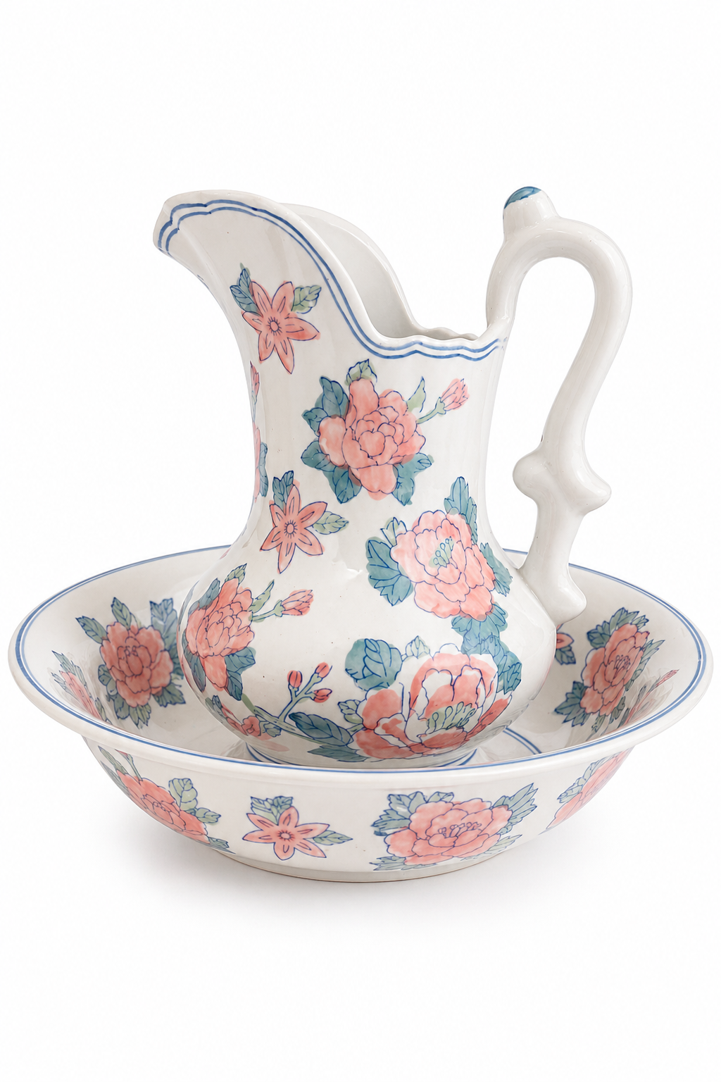 Vintage 1970s Floral Porcelain Pitcher & Wash Basin Set | Pink & Blue Cottagecore Vanity Set