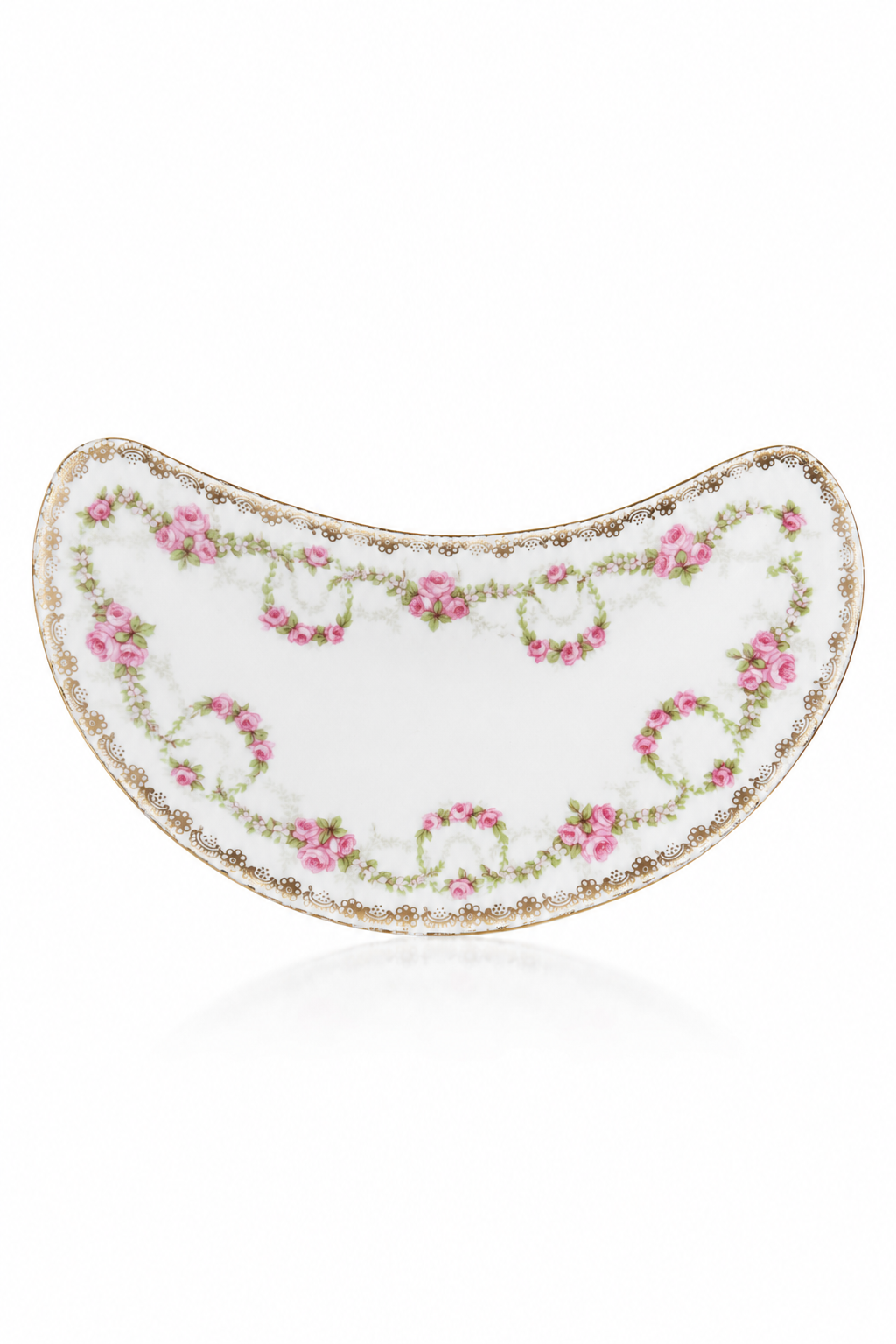 Antique 1884–1909 Moritz Zdekauer Austria Porcelain Crescent Bone Dish | Pink Rose Garland | Gilt Trim Serving Dish