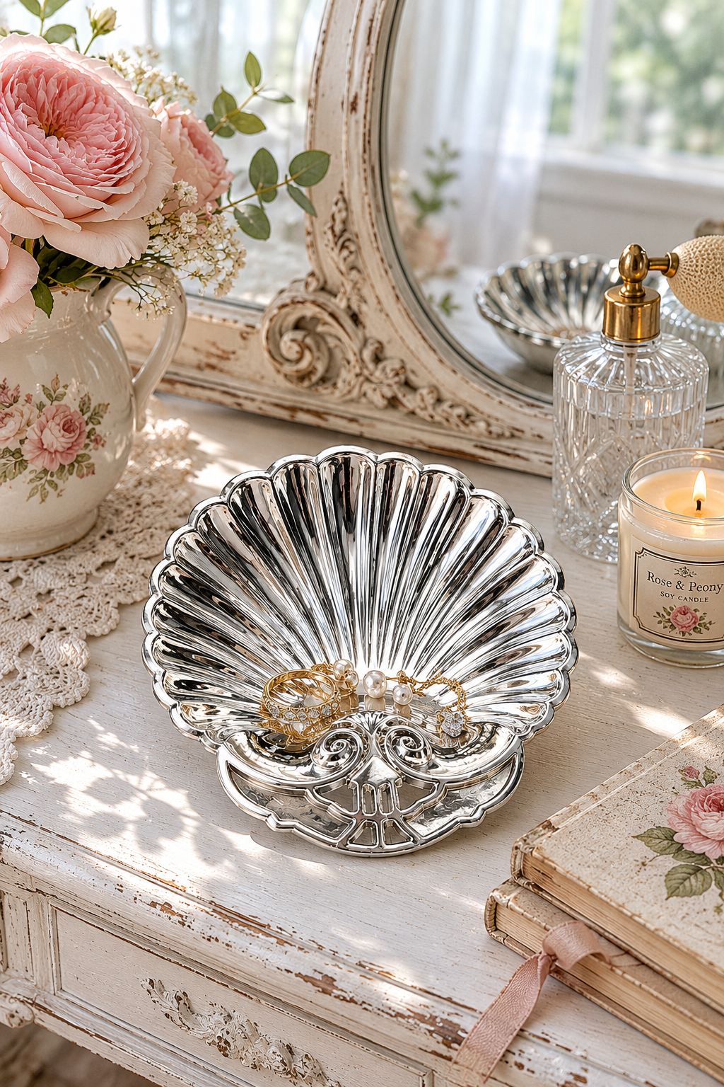 Vintage 1980s Silver-Plated Scallop Shell Trinket Dish | Coastal Vanity Tray | Seashell Jewelry Holder | Cottagecore Beach Decor
