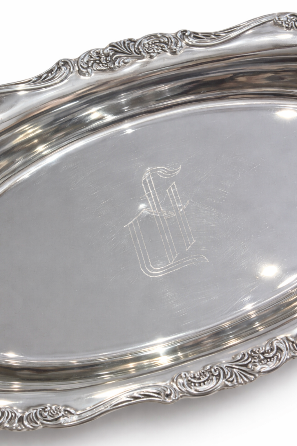 Vintage Wallace Silver-Plated Oval Serving Tray with Monogram | Ornate Edge
