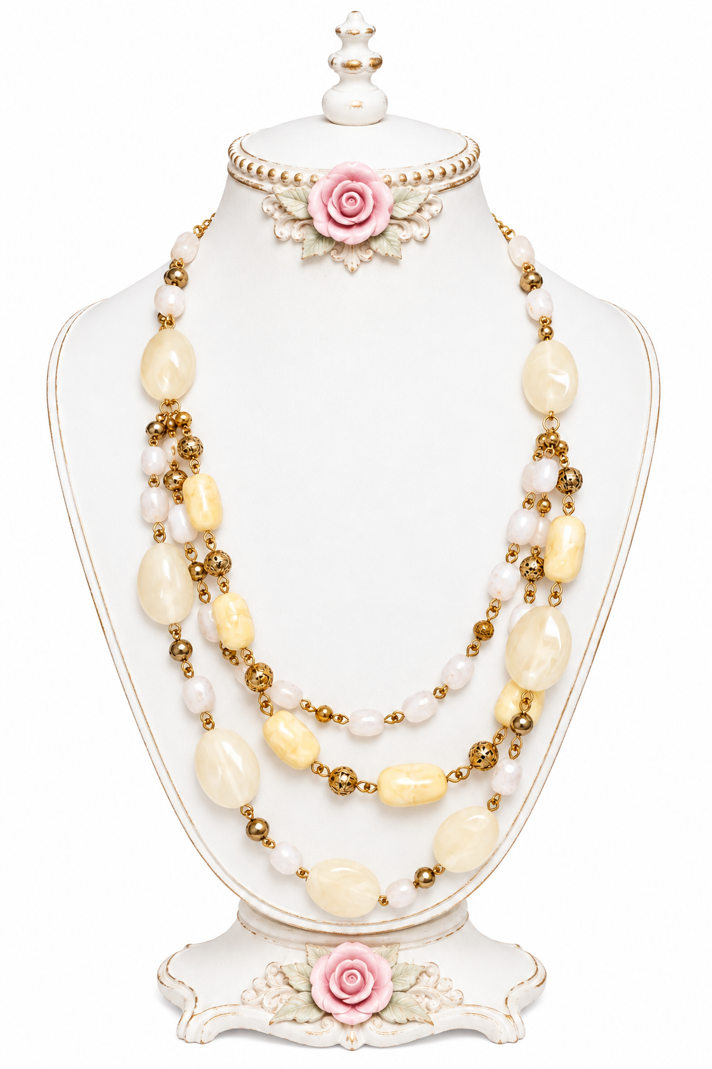 Vintage-Inspired Cream & Gold Multi-Strand Beaded Necklace