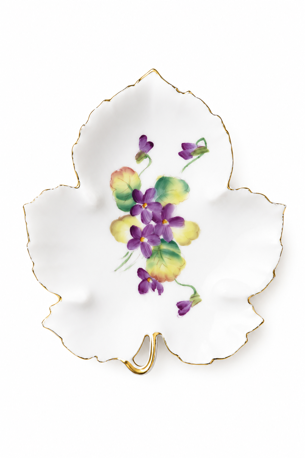 Vintage 1950s Lefton China Hand Painted Purple Violets Leaf Shaped Trinket Dish with Gold Trim