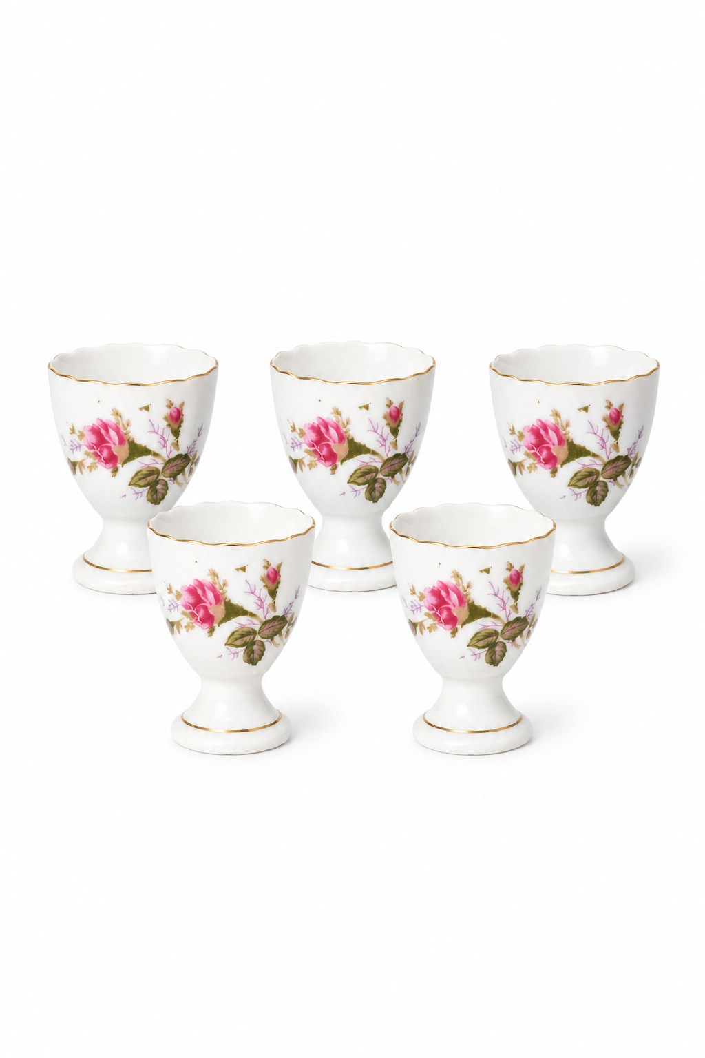 Vintage Mid-Century Pink Rose Porcelain Egg Cups – Set of 5 | 1940s–1960s