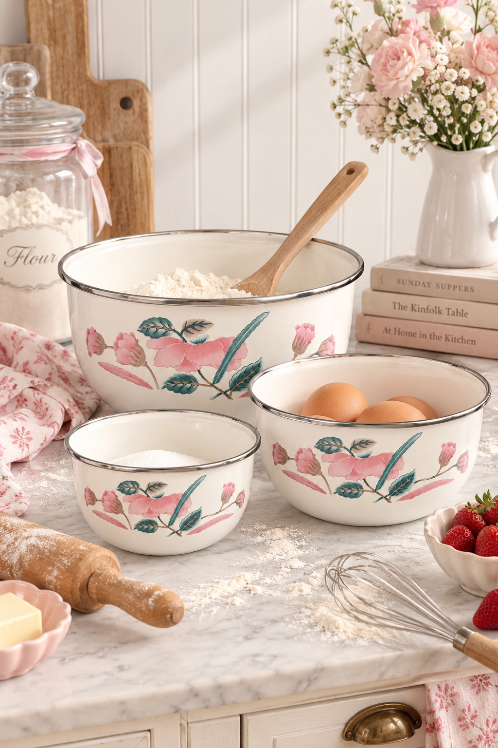 Vintage 1980s Enamel Nesting Mixing Bowls Set of 3 – Pink Tulip Floral Taiwan ROC