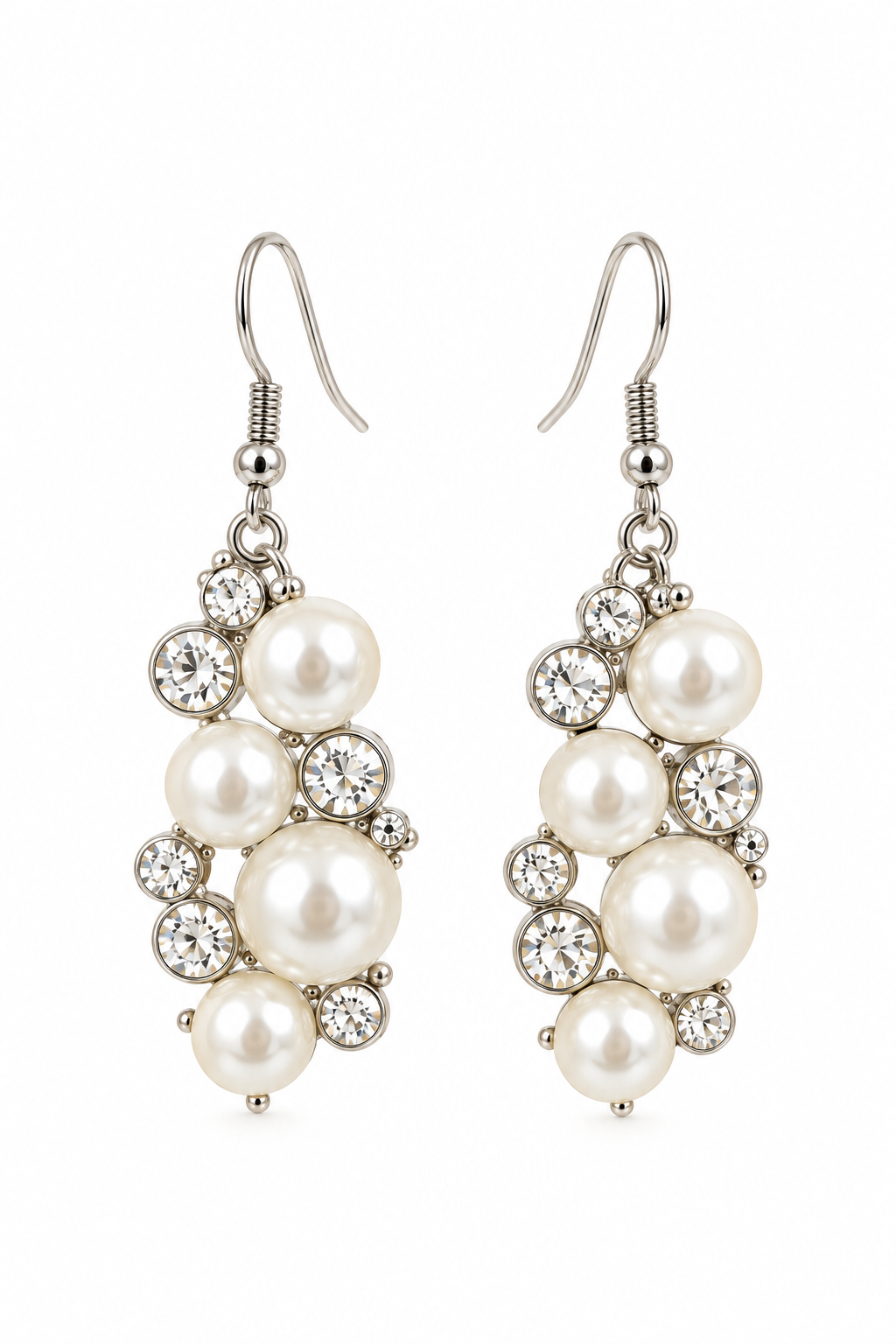 Elegant Ivory Faux Pearl & Crystal Silver-Tone Dangle Earrings | Romantic Pearl Cluster Statement Jewelry