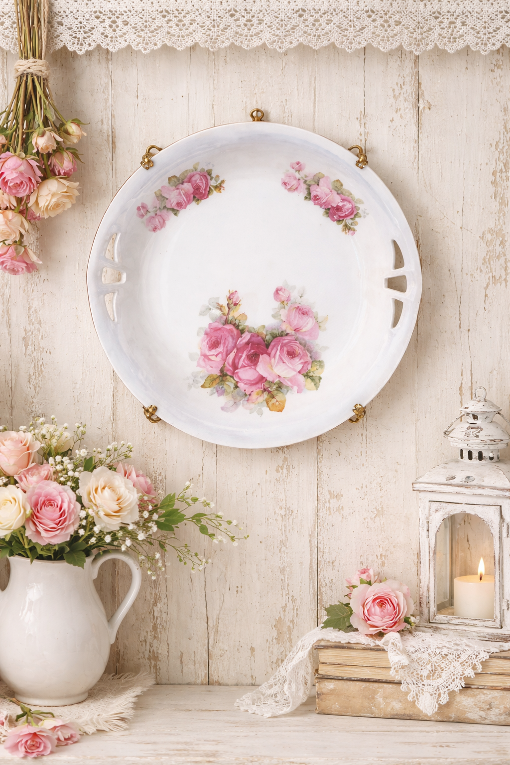 Antique 1920s Silesia Germany Hand-Painted Rose Plate | Decorative Porcelain Tray