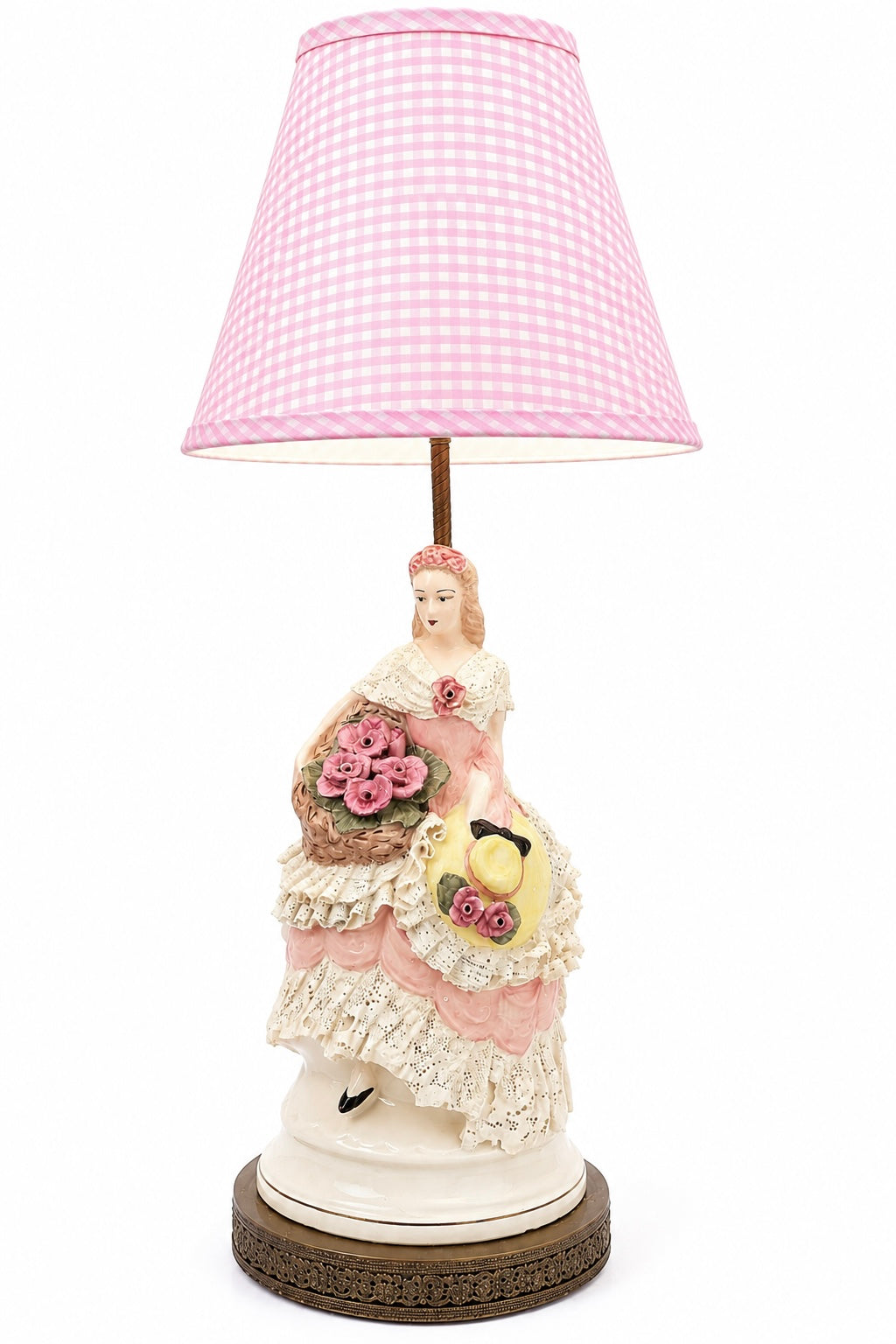 Vintage Italian Victorian Lady Porcelain Table Lamp | Romantic Cottage Lamp with Pink Gingham Shade
