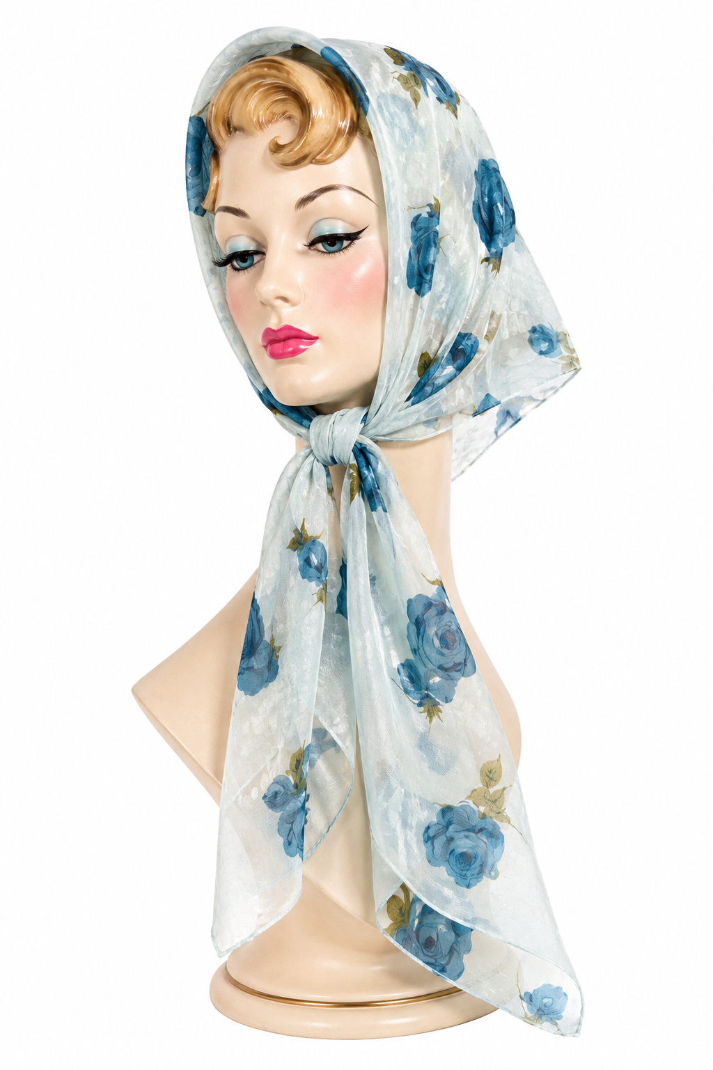 Vintage Light Blue Sheer Blue Rose Floral Head Scarf