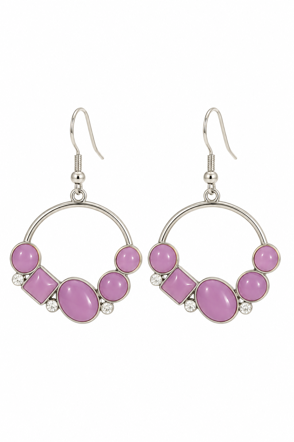 Romantic Lavender Purple & Silver-Tone Circle Dangle Earrings – Pastel Rhinestone Statement Jewelry