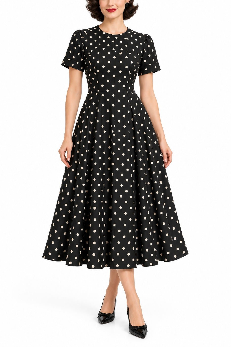 Vintage 1950s–1960s Black & Ivory Polka Dot Fit & Flare Dress | XS/S