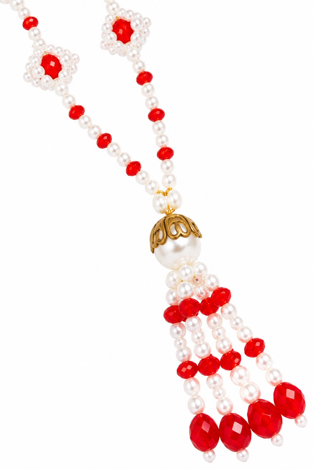 Vintage 1960s Red & Pearl Beaded Tassel Necklace | Mid-Century Statement Necklace | Retro Holiday Jewelry | 30”