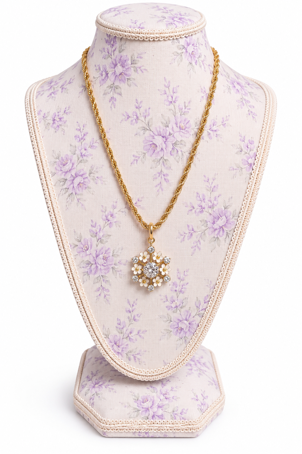 Vintage 1970s–1980s Gold-Tone Rhinestone & White Floral Snowflake Pendant Necklace