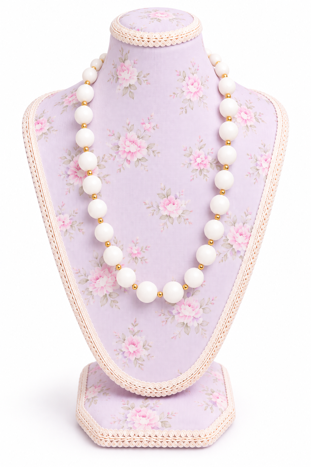 Vintage Kenneth Jay Lane Chunky White Lucite Beaded Necklace | Gold-Tone Retro Statement Jewelry