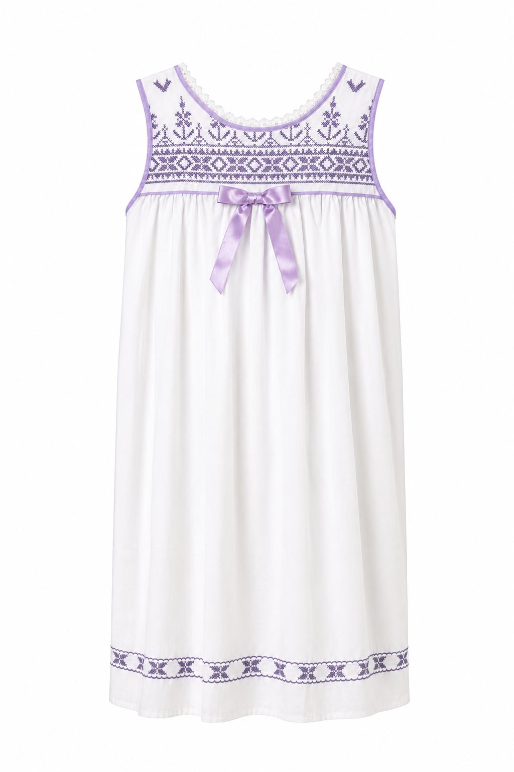Vintage 1960s Style Durelle Nightgown – White & Lavender Embroidered Sleeveless Gown | Made in USA | Size Medium