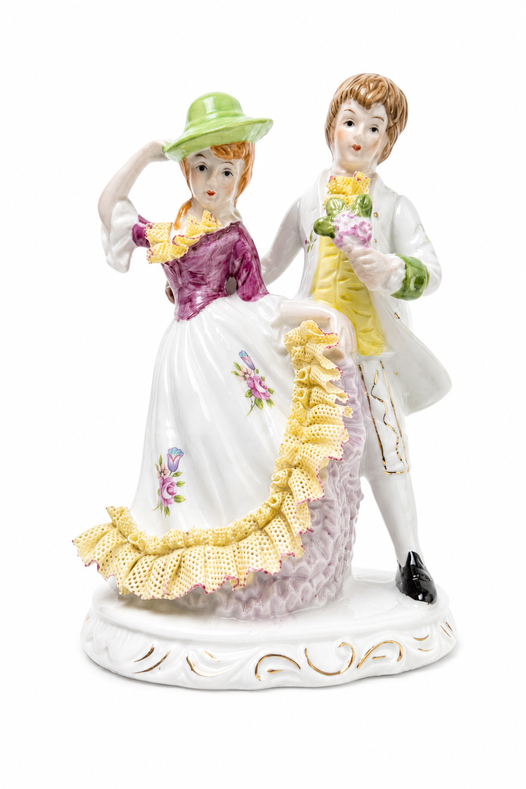 Vintage 1970s–1980s Porcelain Courting Couple Figurine | Dresden-Style Lace | Romantic Victorian Décor