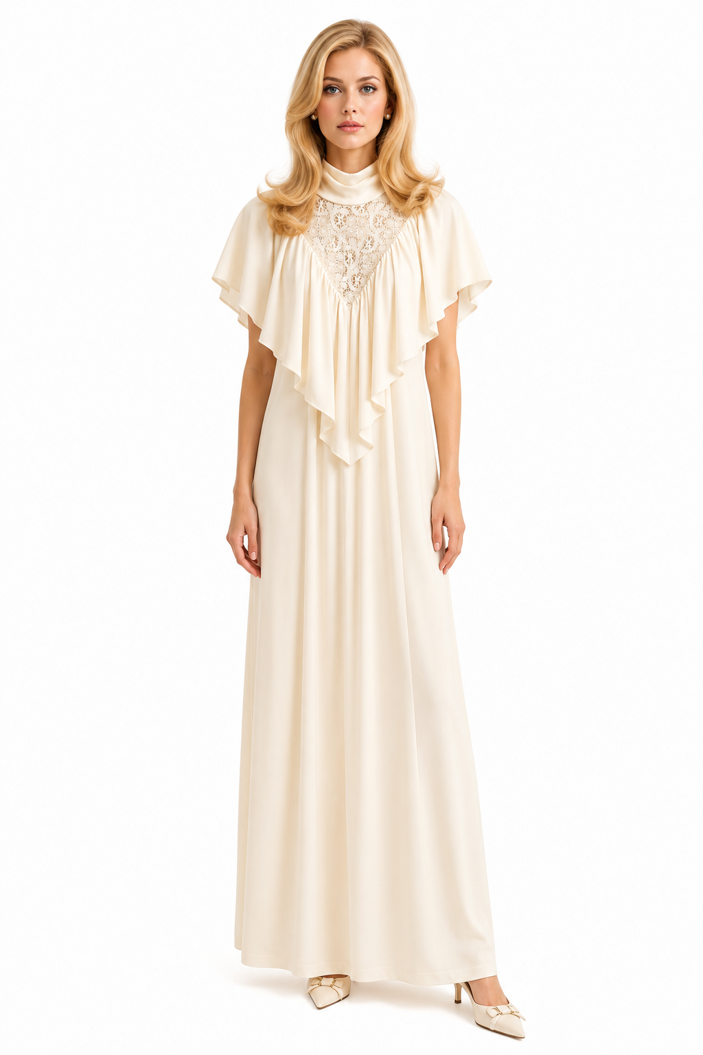 Vintage 1960s–70s Cream Lace Cape Maxi Dress | Romantic Victorian Prairie Goddess Gown | Size 9/10 (Fits Small)