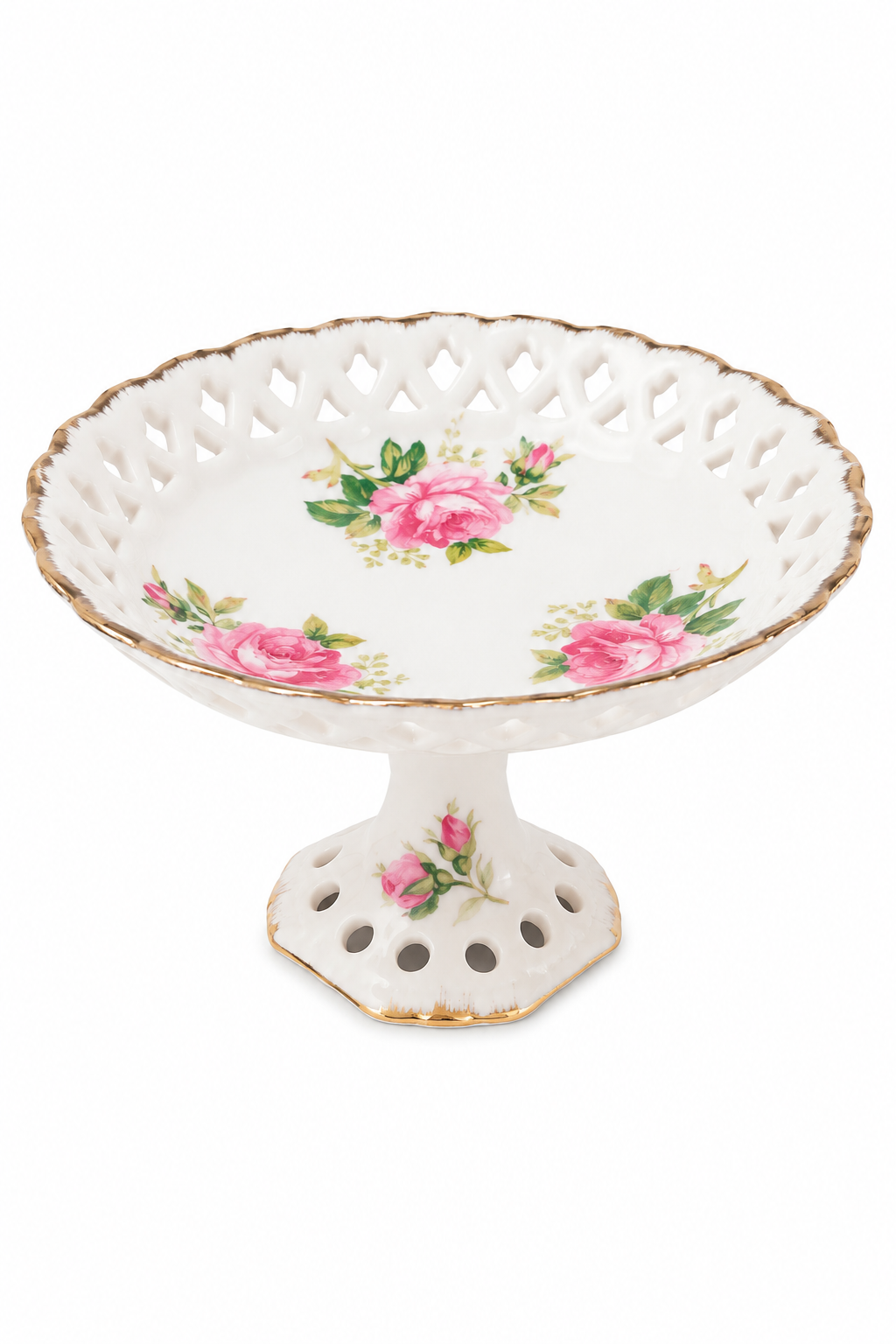 1950s Lefton China Hand Painted Rose Pedestal Bowl | Vintage Vanity Jewelry Dish | Cottage Chic Decor