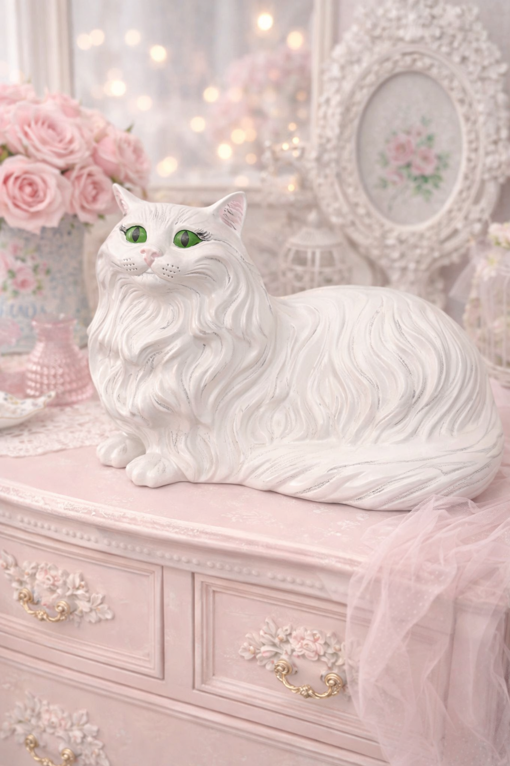 Vintage 1970s Large Persian Cat Figurine with Green Eyes