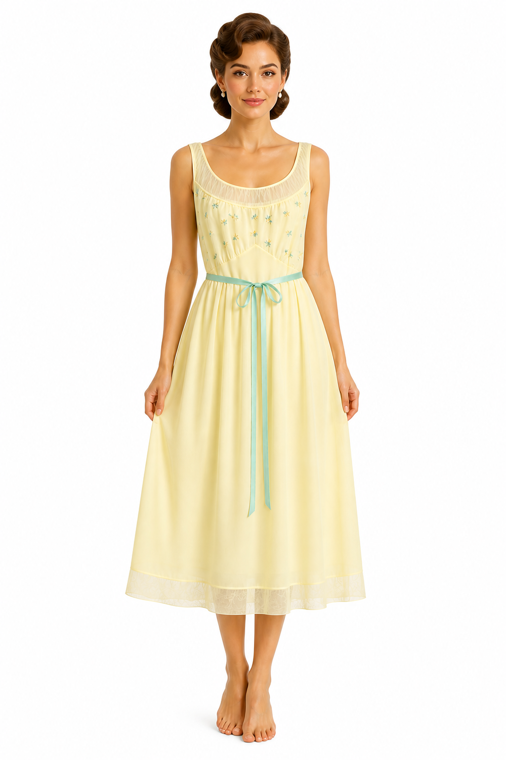 Vintage 1950s Van Raalte Yellow Embroidered Nightgown - Sheer Floral Lingerie Slip Dress | Made in USA | S/M