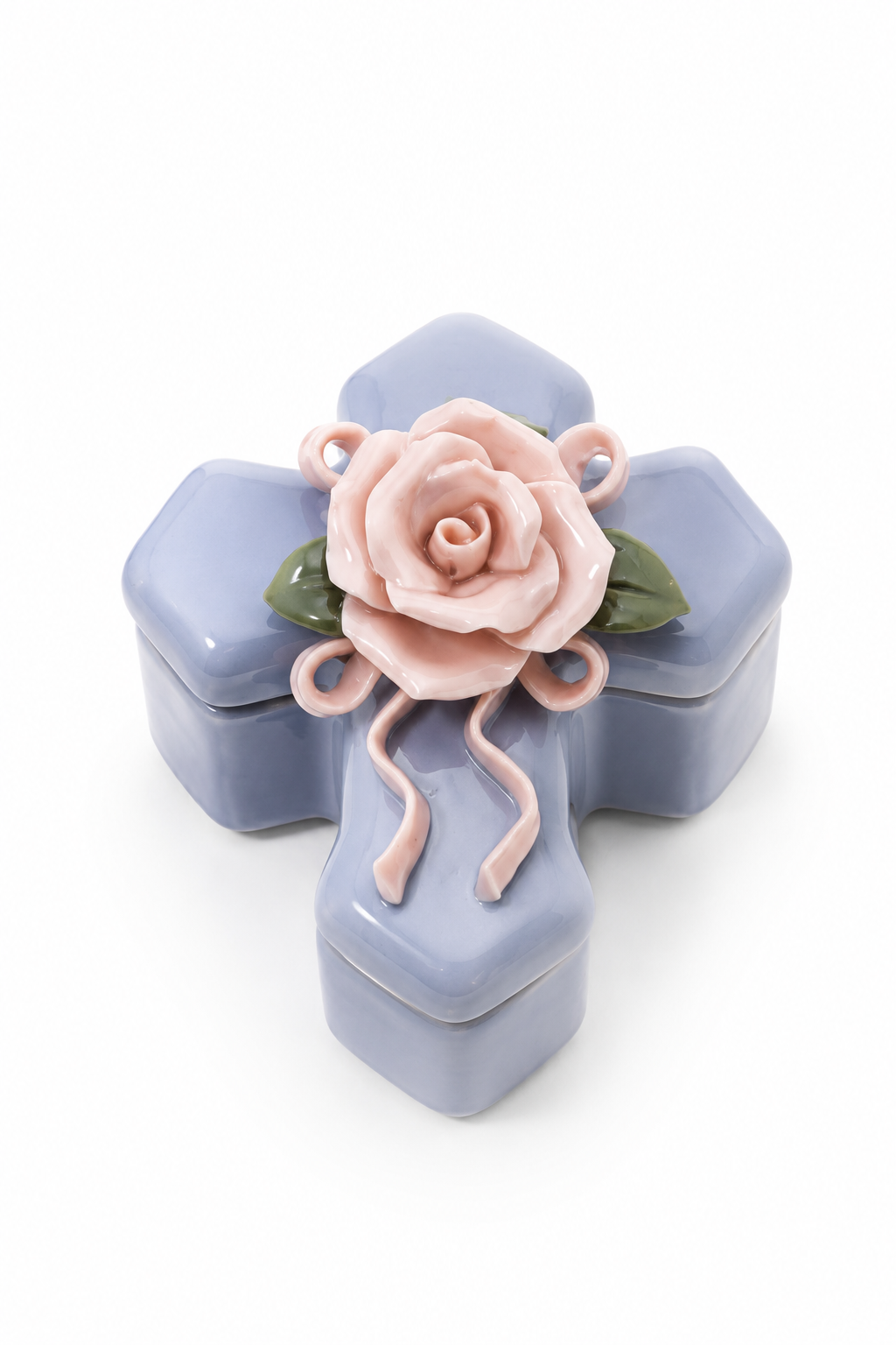 Vintage 1990s Blue Cross Rose Trinket Box | Porcelain Cross Keepsake Box with 3D Rose & Ribbon