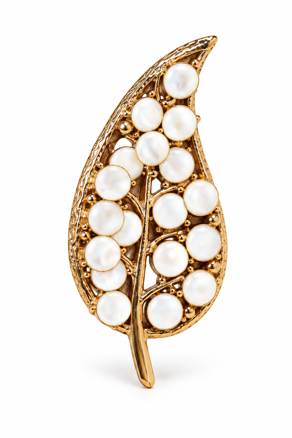 Vintage 1950s–1960s Gold-Tone Faux Pearl Leaf Brooch | 3”