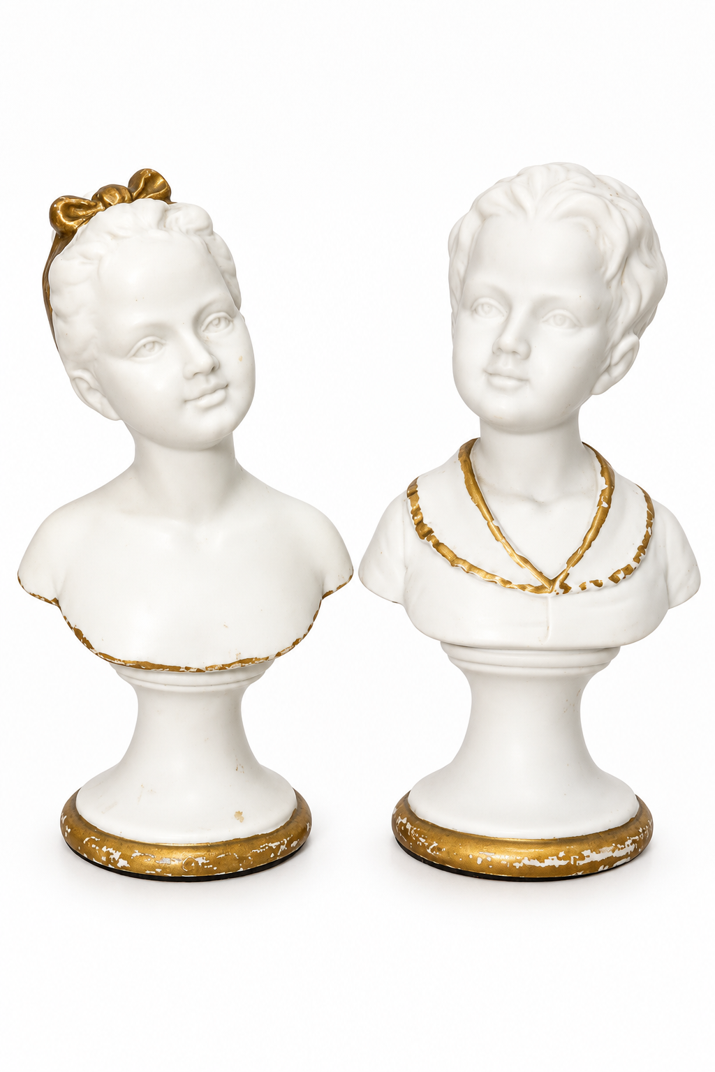 Vintage Mid-Century 1950s- 1970s Lefton Bisque Porcelain Boy & Girl Bust Figurines | Set of Two with Gold Accents