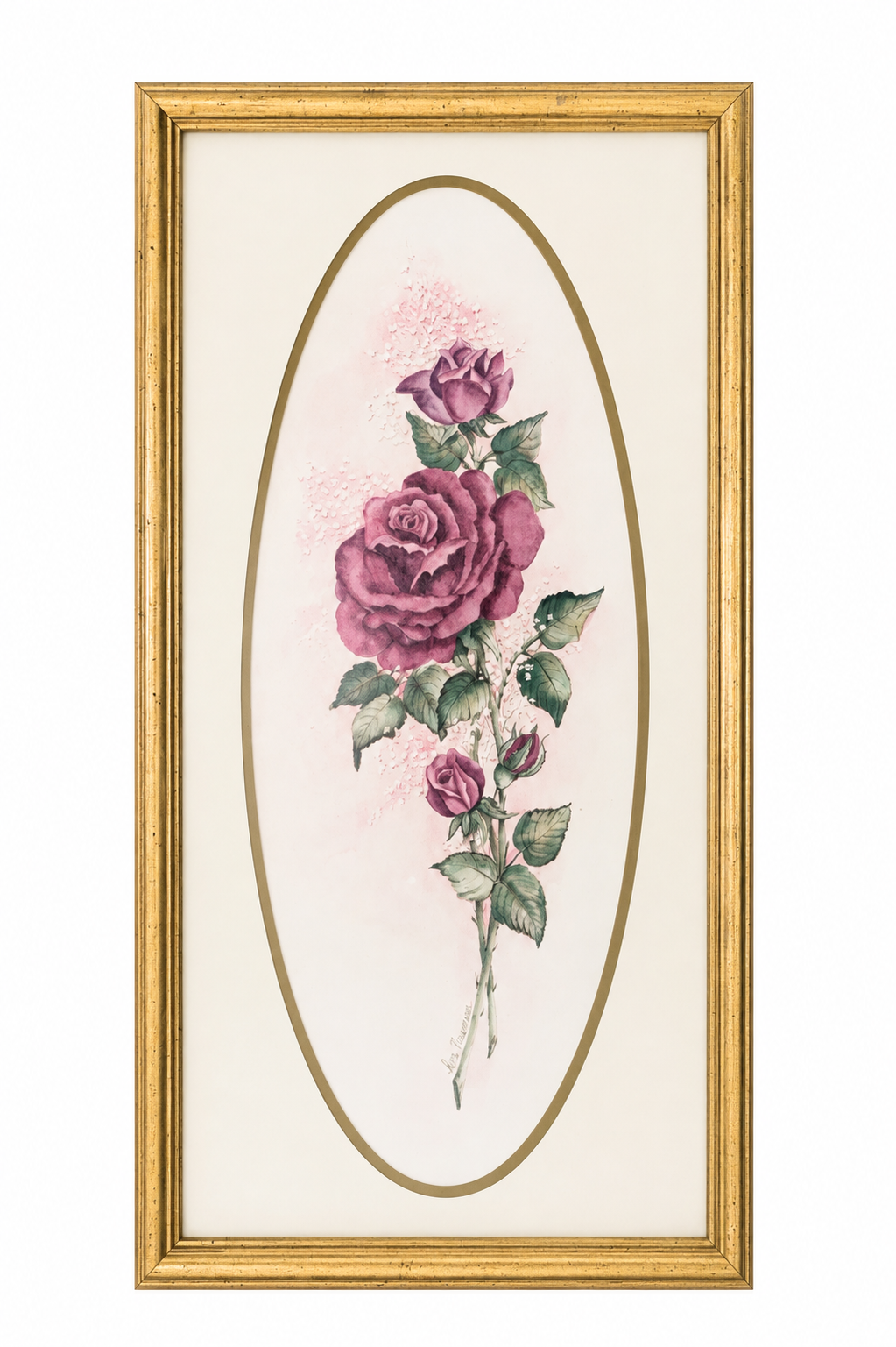 Vintage 1980s Ava Freeman Romantic Rose Floral Print – Gold Framed Pink & Purple Botanical Wall Art