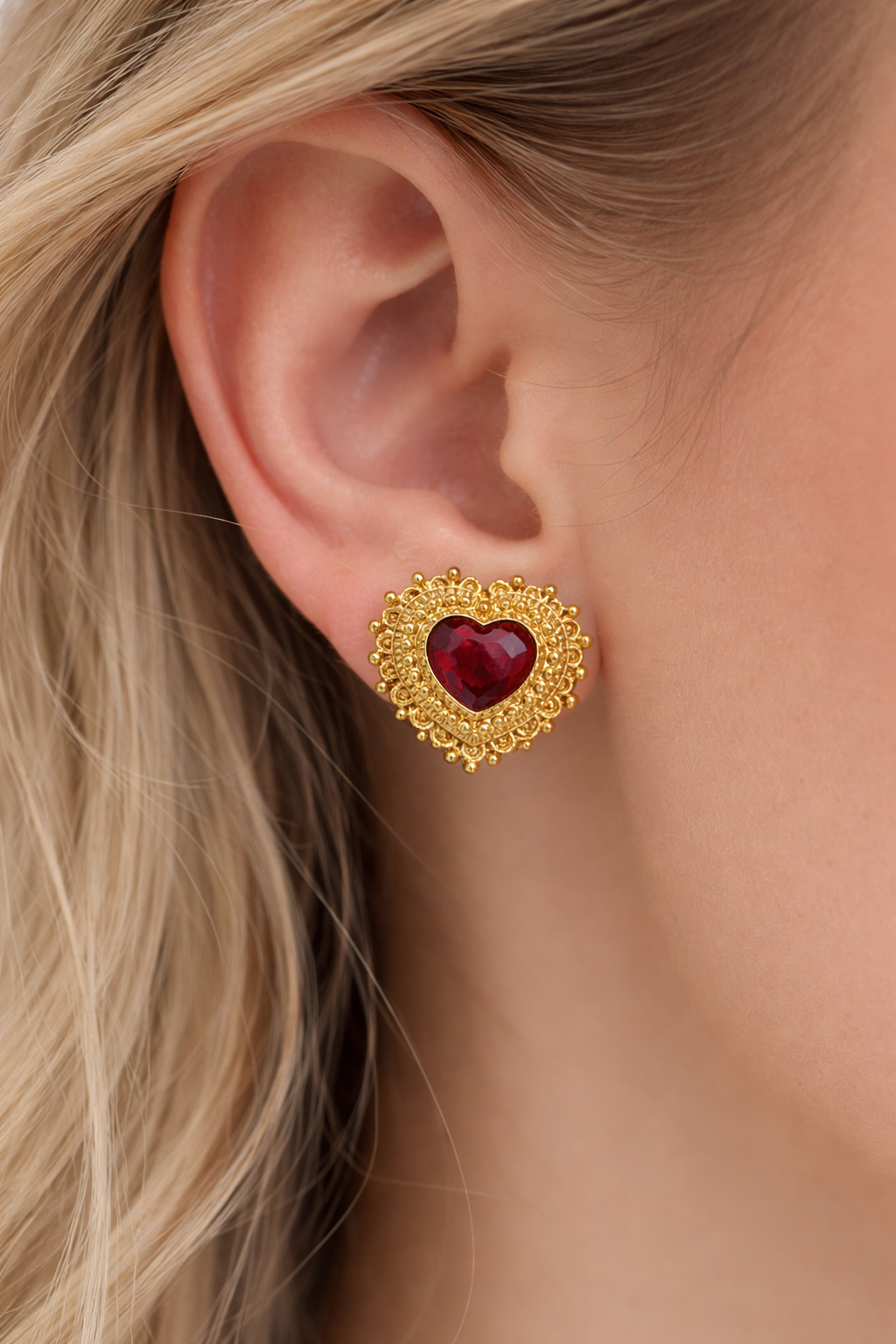 Vintage Avon Gold Heart Earrings with Red Crystal | Romantic Statement Studs