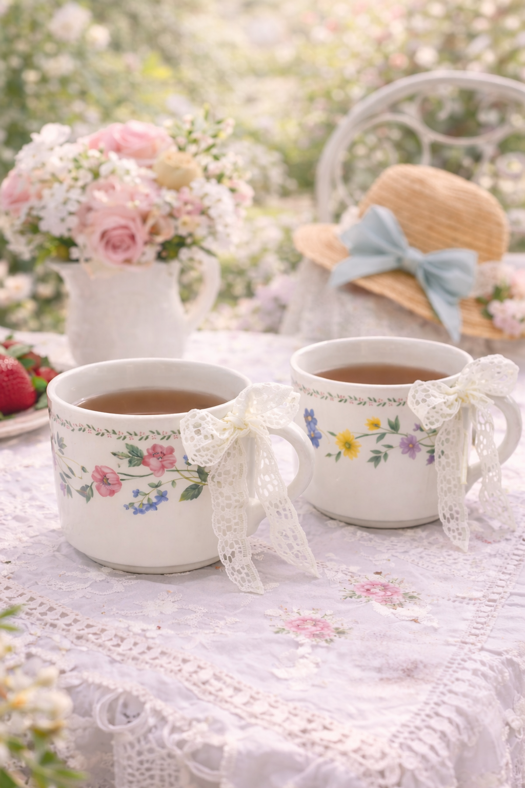 Farberware “English Garden” Floral Mug Set | Vintage Style Cups with Lace Bows (Set of 2)