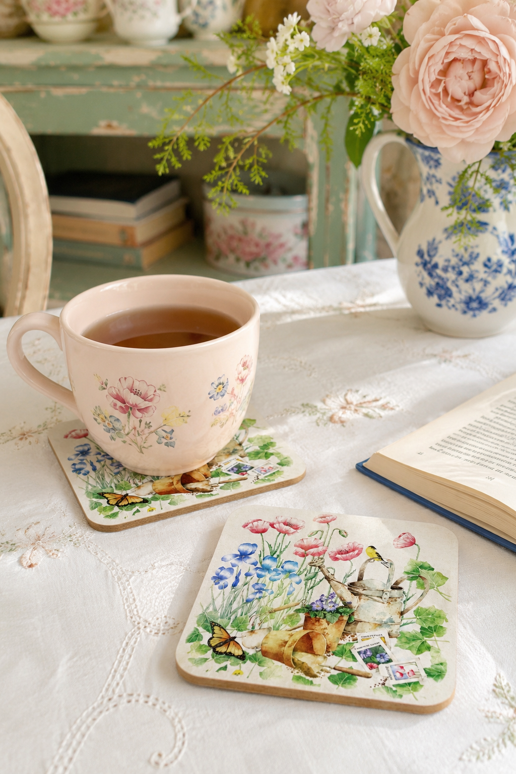 1996 Legacy Publishing Group Spring Garden Coaster Set | Vintage Set of 6 Cork-Backed Coasters | Made in USA