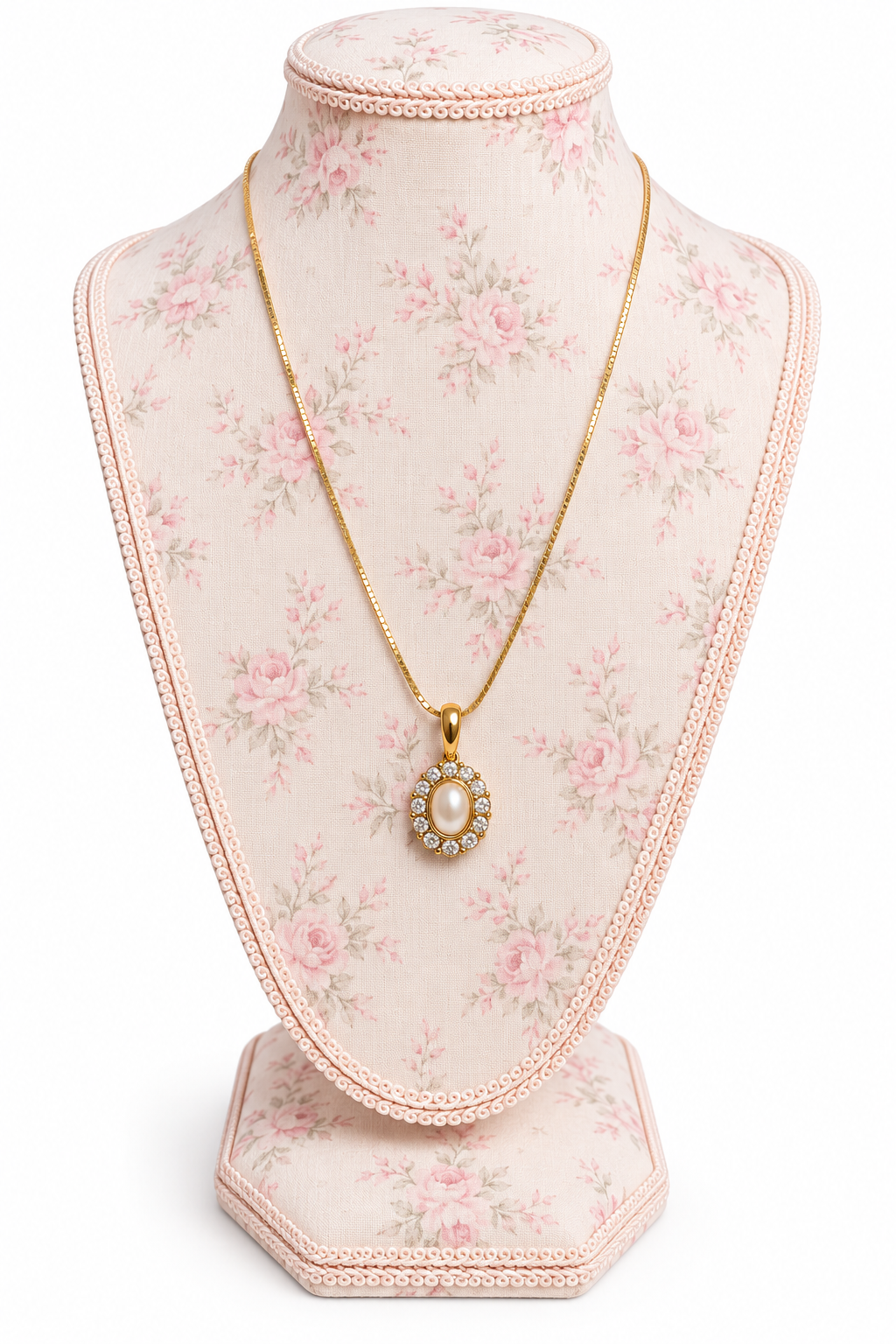 Vintage 1980s–1990s Gold-Tone Herringbone Chain Faux Pearl Rhinestone Halo Pendant Necklace