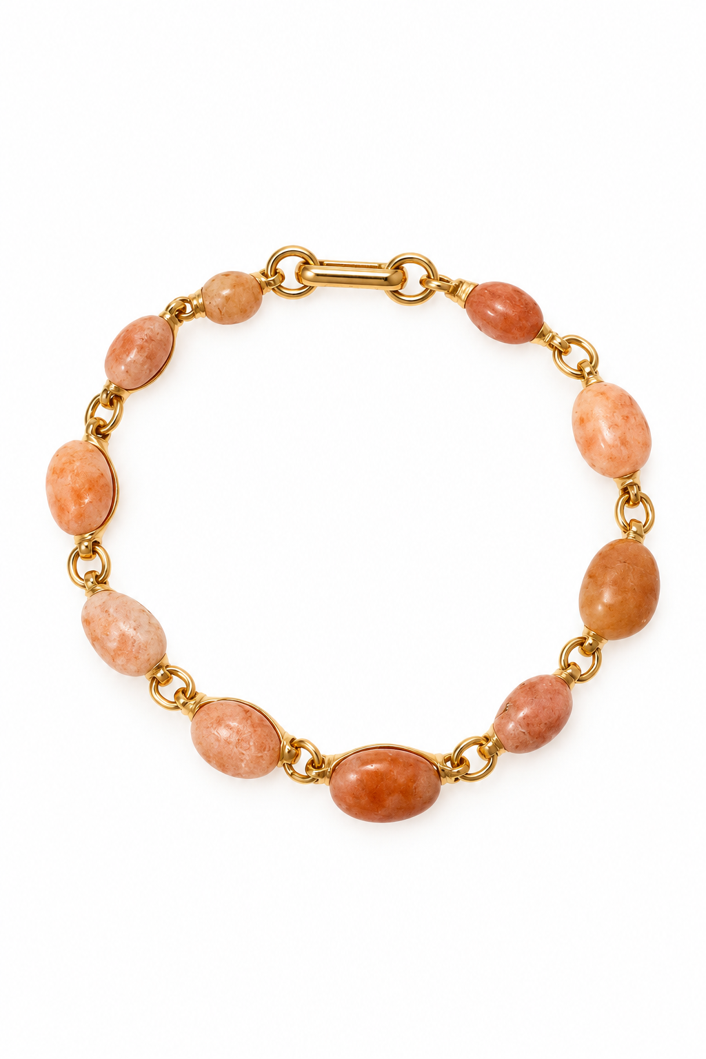 Vintage 1950s–1970s Peach Pink Stone Beaded Bracelet – 7.5” Gold-Tone Retro Jewelry