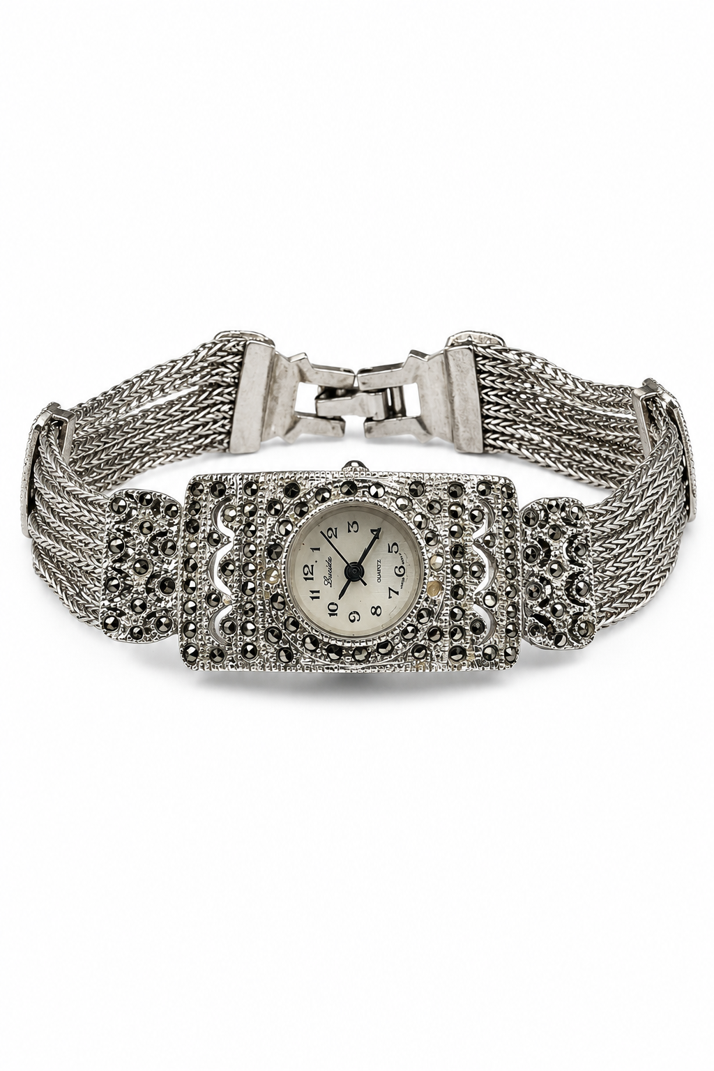 Vintage 1980s Lucida Quartz Silver-Tone Bracelet Watch Victorian Inspired Costume Jewelry
