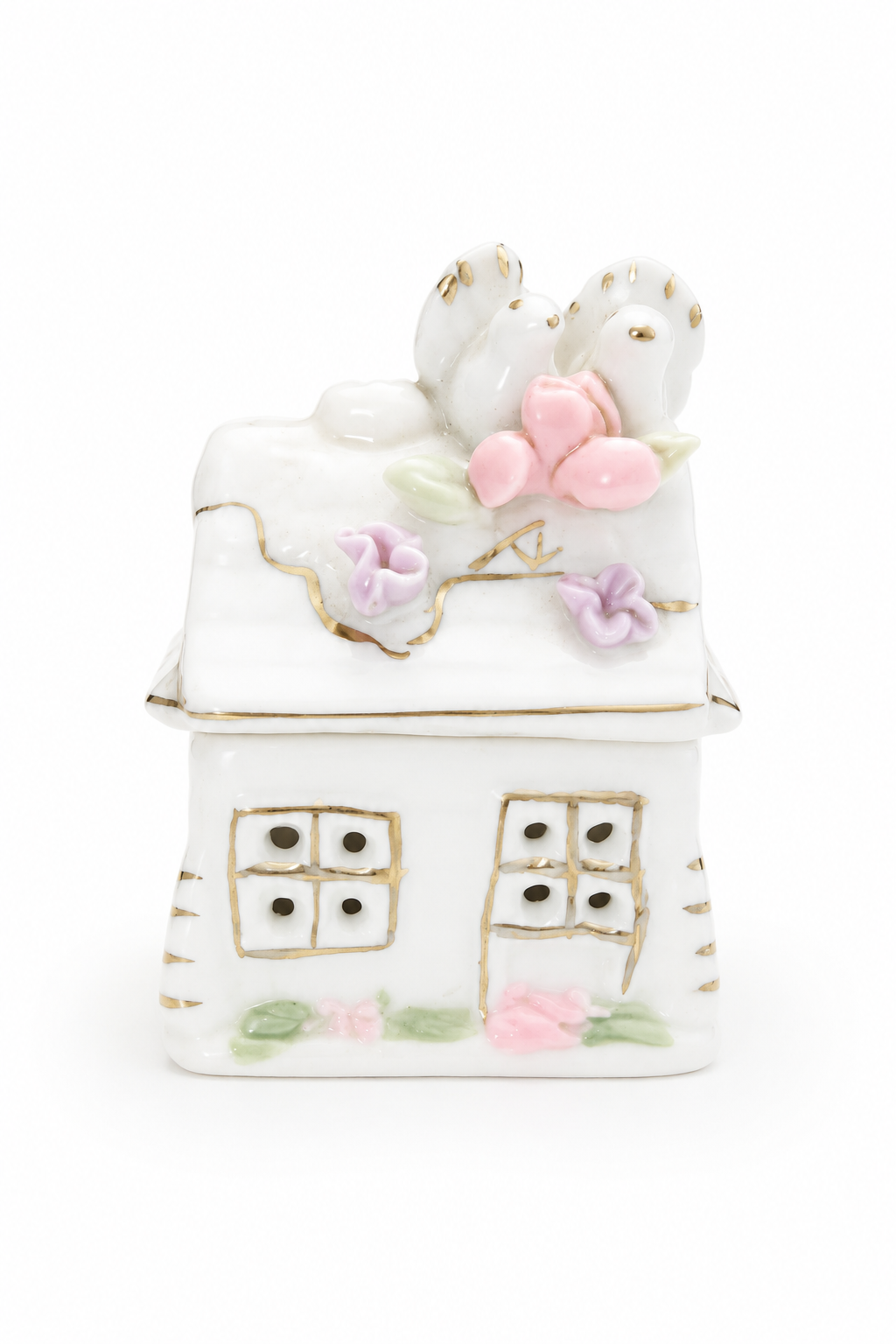 Vintage 1980s Porcelain Mini Cottage Trinket Box with Doves & Pink Flowers | Gold Accents | Jewelry Keepsake Box
