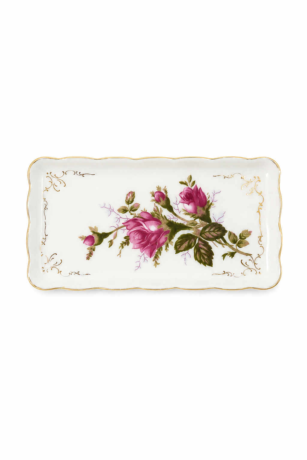Vintage 1950s Pink Rose Porcelain Vanity Tray – Gold Trim